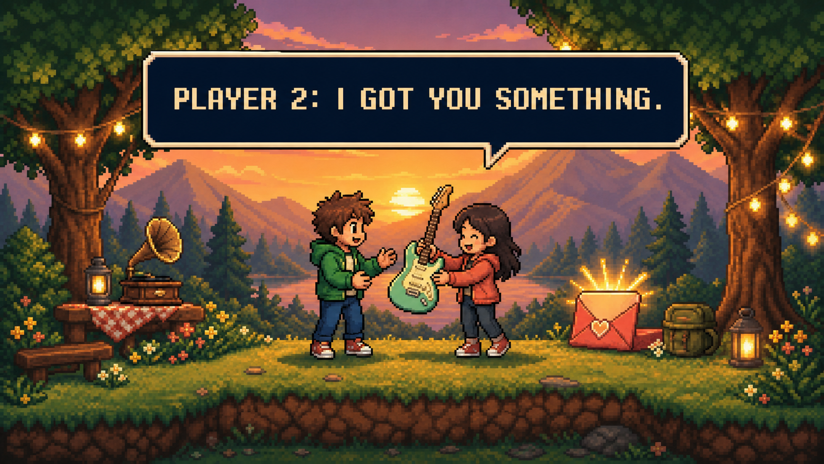 In a sunset 16-bit game scene, the hero's partner surprises him with a sea-green vintage electric guitar.