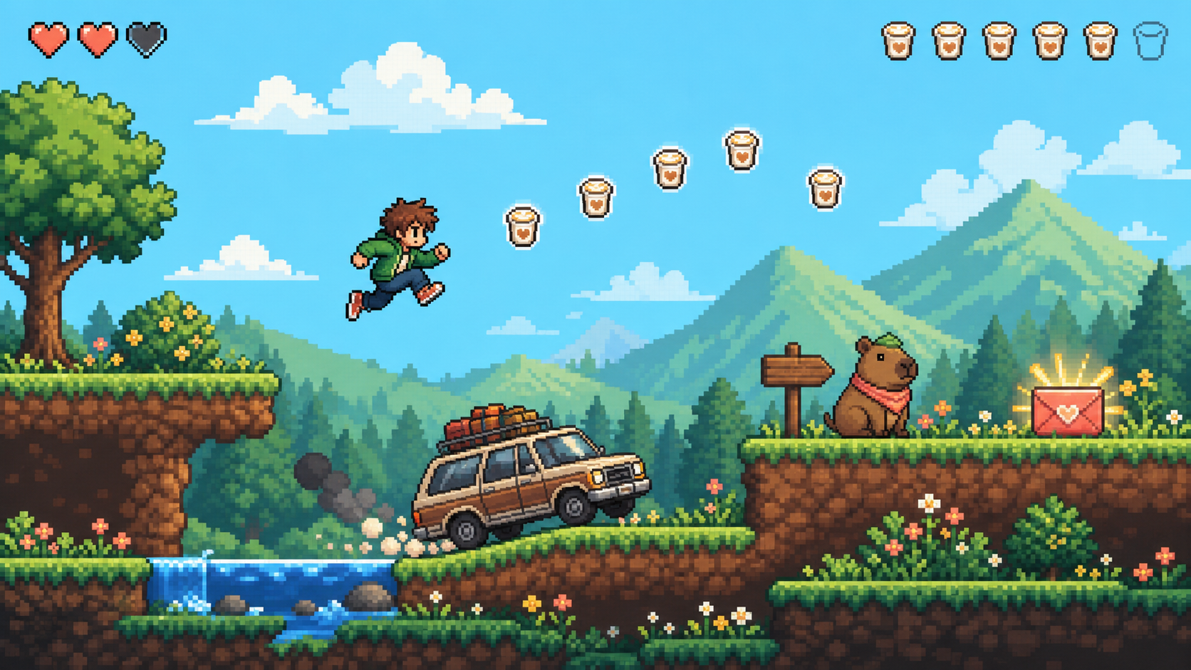A 16-bit hero jumps over a runaway station wagon, collects cortados, follows a capybara guide, and approaches a glowing gift envelope.