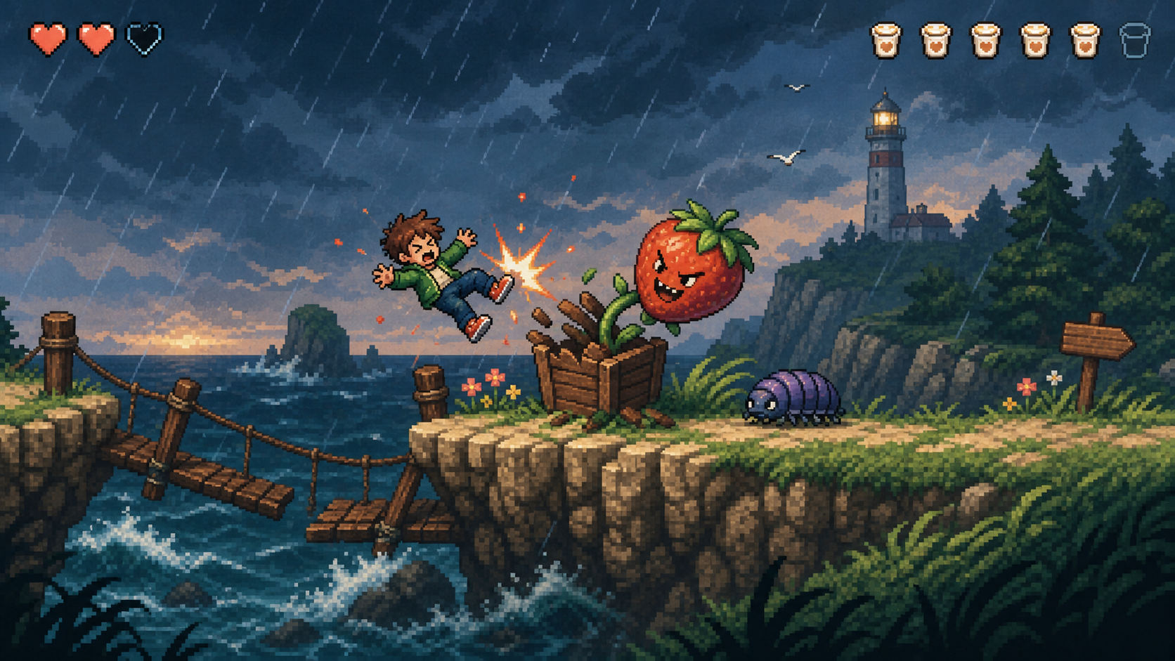 The same 16-bit hero is knocked backward by a strawberry hazard on a stormy coastal cliff level.